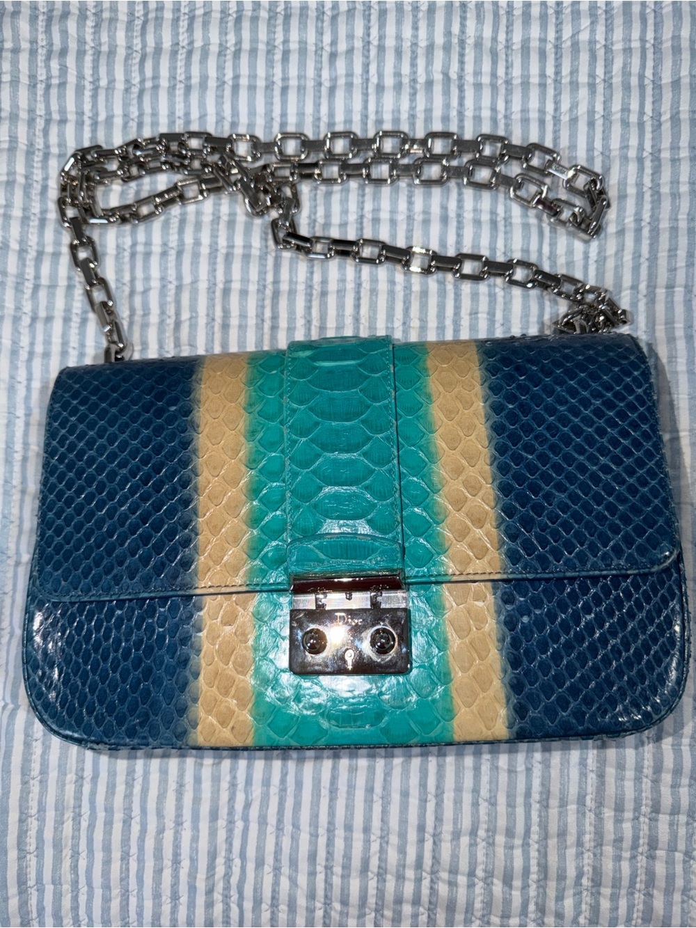 Cristian Dior Blue Teal Cream Python-Embossed Crossbody Bag